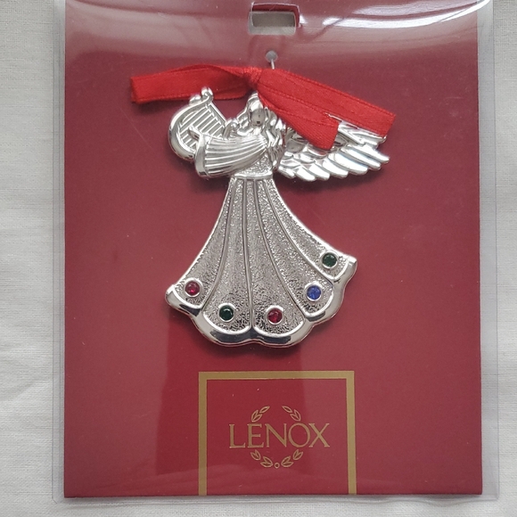 Lenox Silver Angel Ornament with Red Ribbon and Gem Accents - Picture 2 of 4